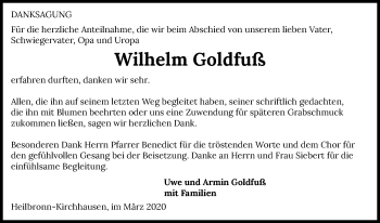 Traueranzeige von Wilhelm Goldfuß 