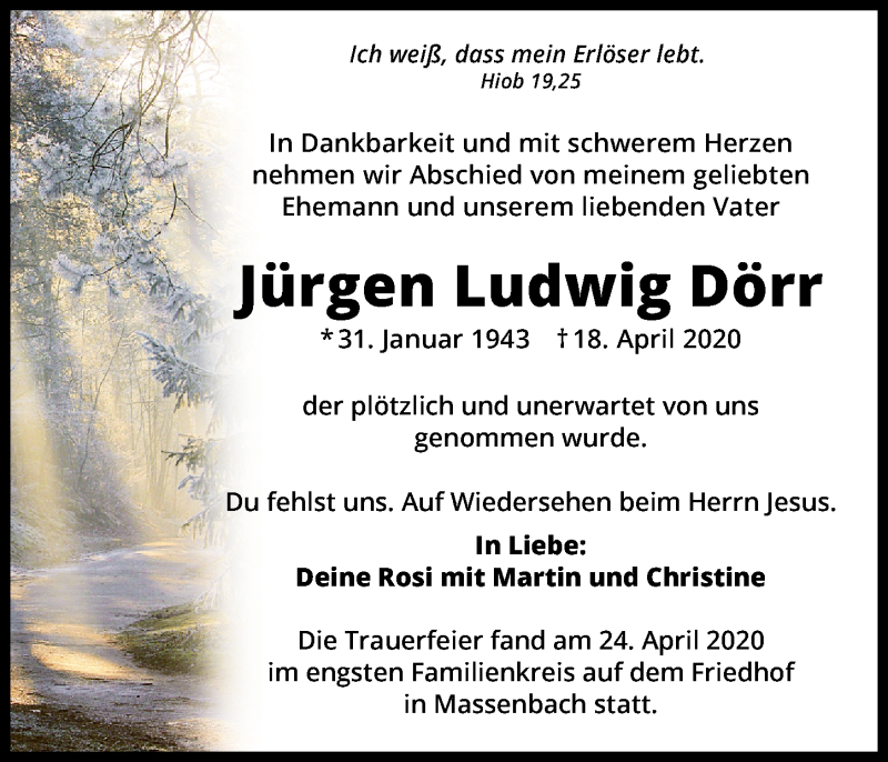 Traueranzeige für Jürgen Ludwig Dörr vom 25.04.2020 aus 