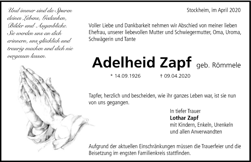  Traueranzeige für Adelheid Zapf vom 15.04.2020 aus 