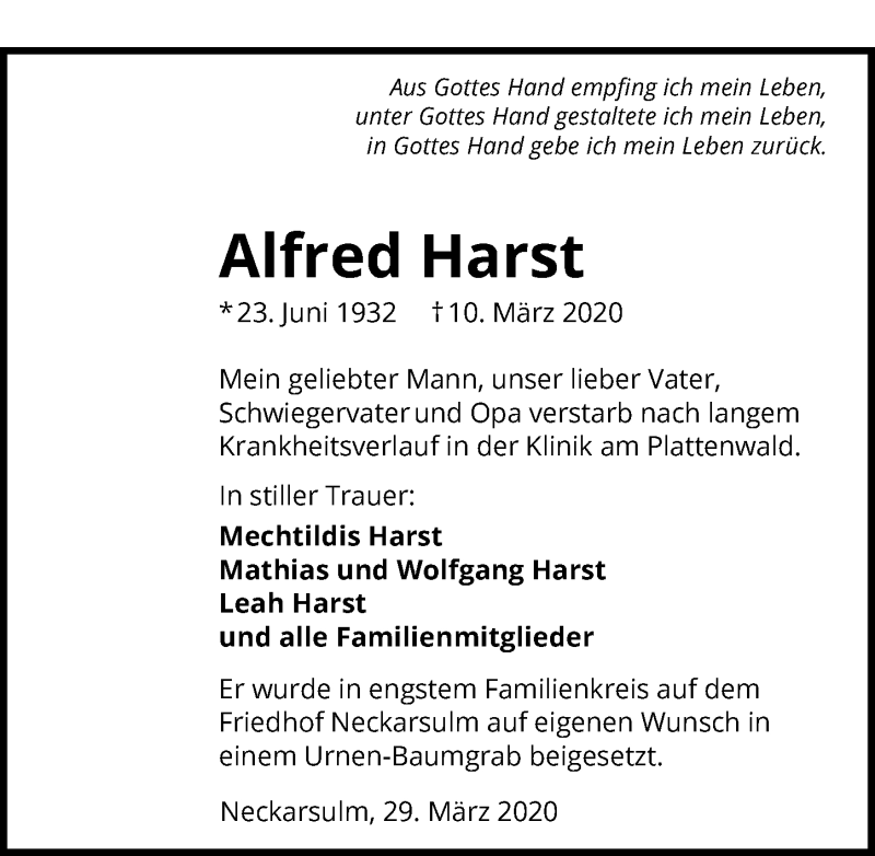  Traueranzeige für Alfred Harst vom 04.04.2020 aus 