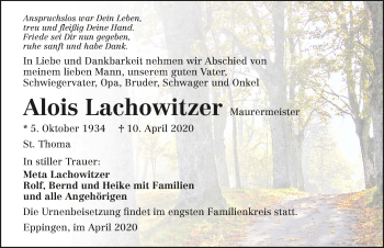 Traueranzeige von Alois Lachowitzer 