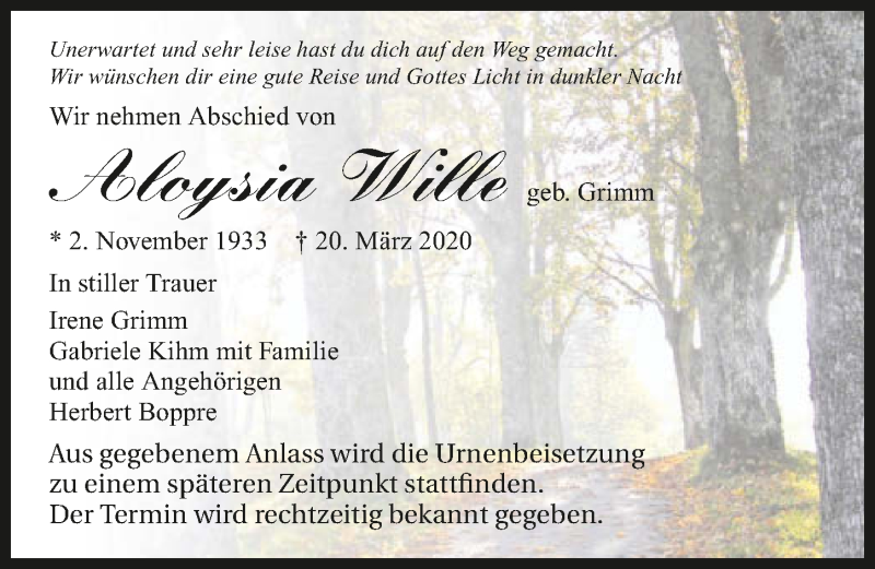  Traueranzeige für Aloysia Wille vom 04.04.2020 aus 