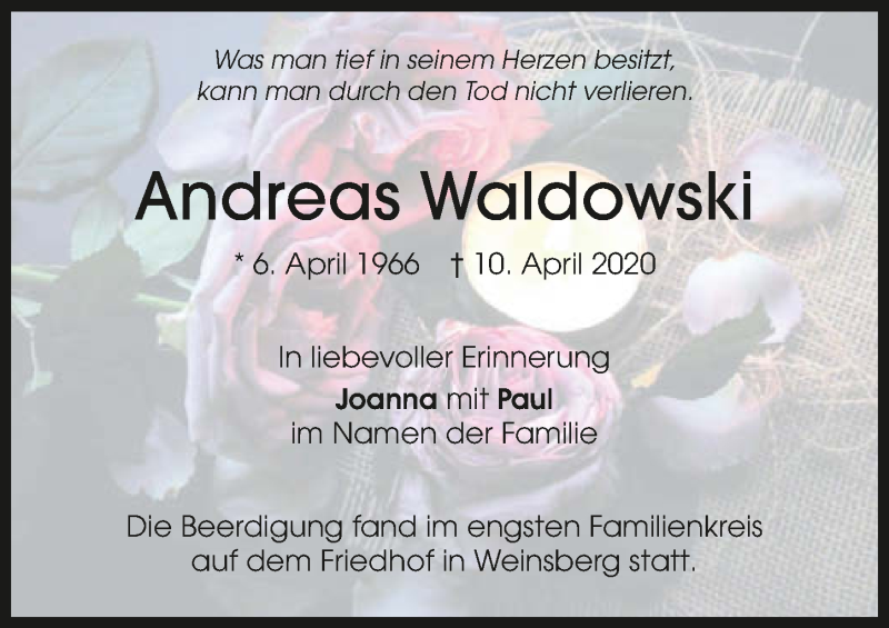  Traueranzeige für Andreas Waldowski vom 18.04.2020 aus 