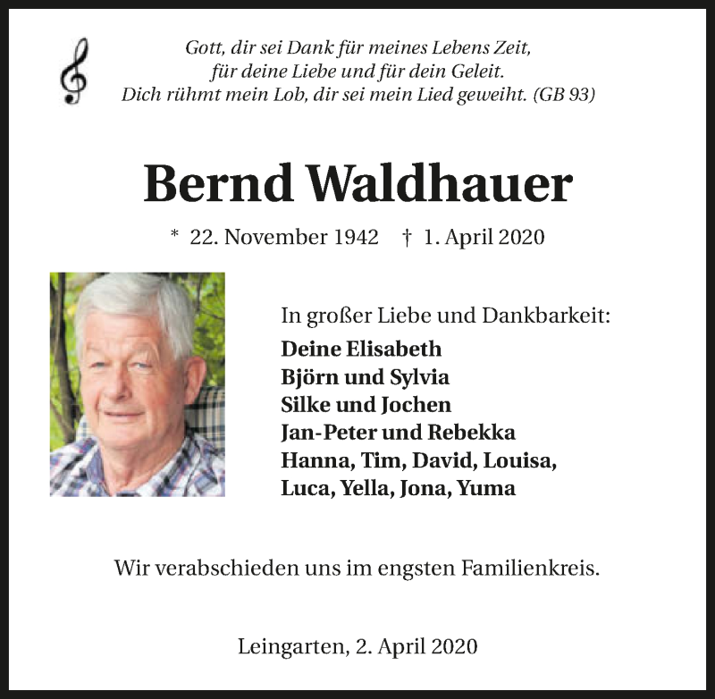  Traueranzeige für Bernd Waldhauer vom 04.04.2020 aus 