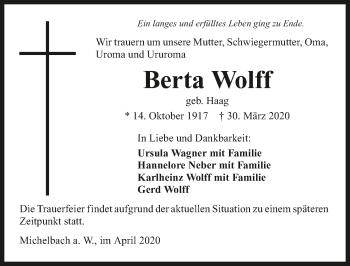 Traueranzeige von Berta Wolff 
