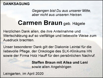 Traueranzeige von Carmen Braun 