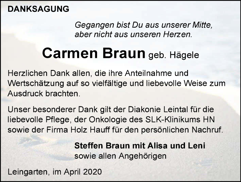  Traueranzeige für Carmen Braun vom 04.04.2020 aus 