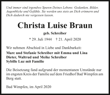 Traueranzeige von Christa Luise Braun 