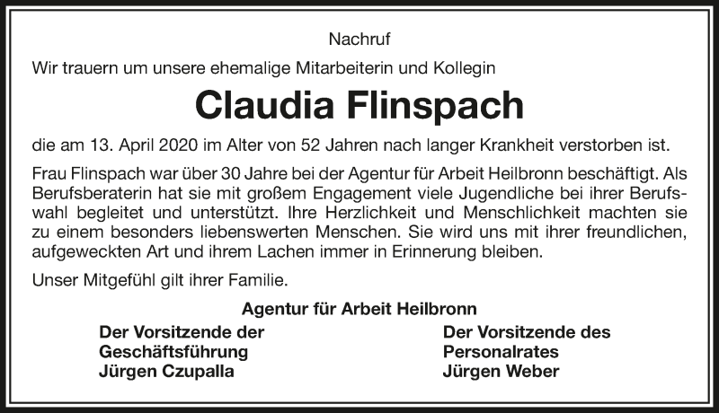  Traueranzeige für Claudia Flinspach vom 17.04.2020 aus 