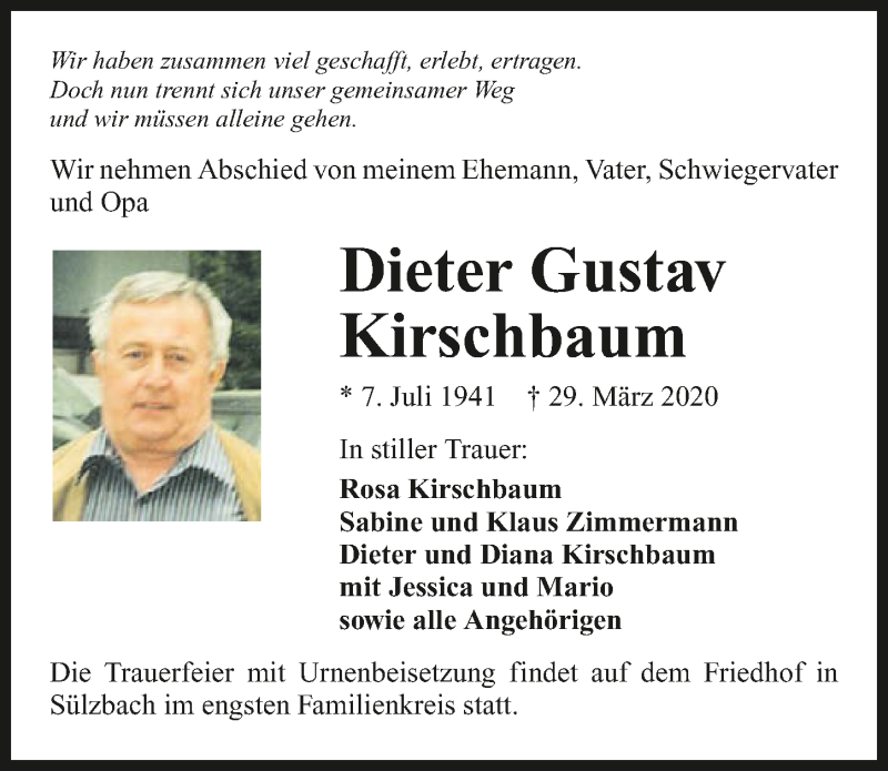  Traueranzeige für Dieter Kirschbaum vom 02.04.2020 aus 