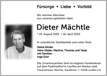 Traueranzeige von Dieter Mächtle 