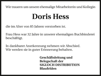 Traueranzeige von Doris Hess 