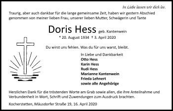 Traueranzeige von Doris Hess 