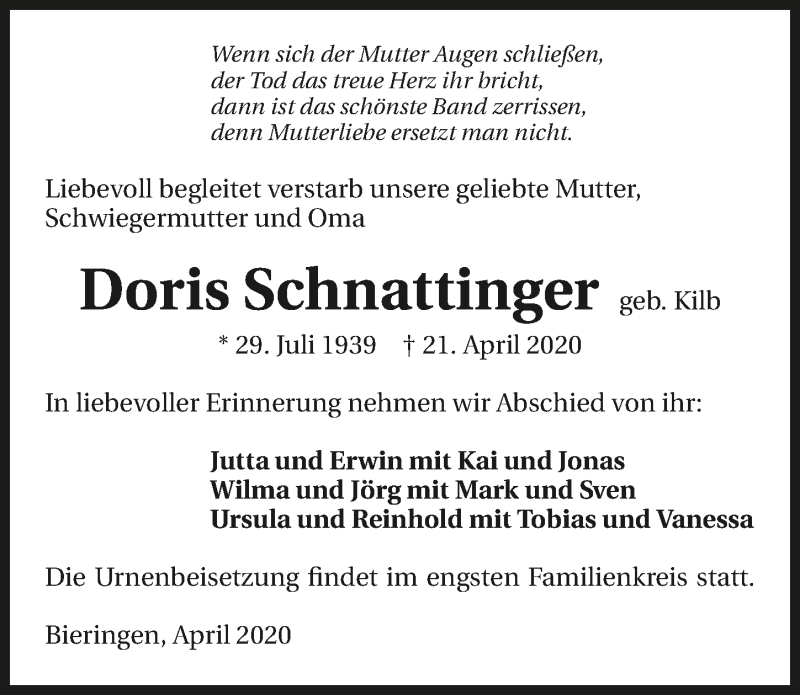  Traueranzeige für Doris Schnattinger vom 24.04.2020 aus 