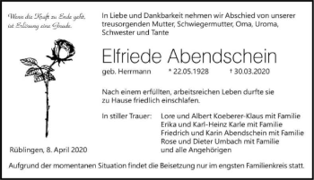 Traueranzeige von Elfriede Abendschein 
