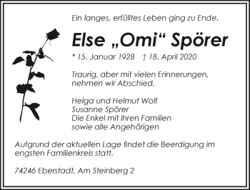 Traueranzeige von Else Spörer 