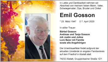 Traueranzeige von Emil Gosson 