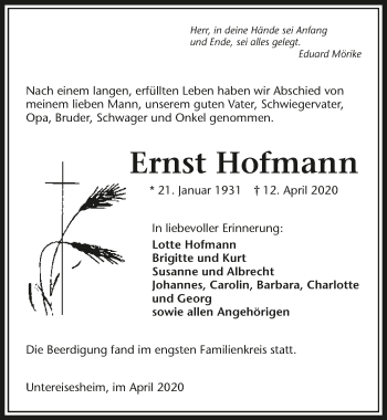 Traueranzeige von Ernst Hofmann 