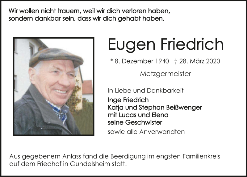  Traueranzeige für Eugen Friedrich vom 04.04.2020 aus 