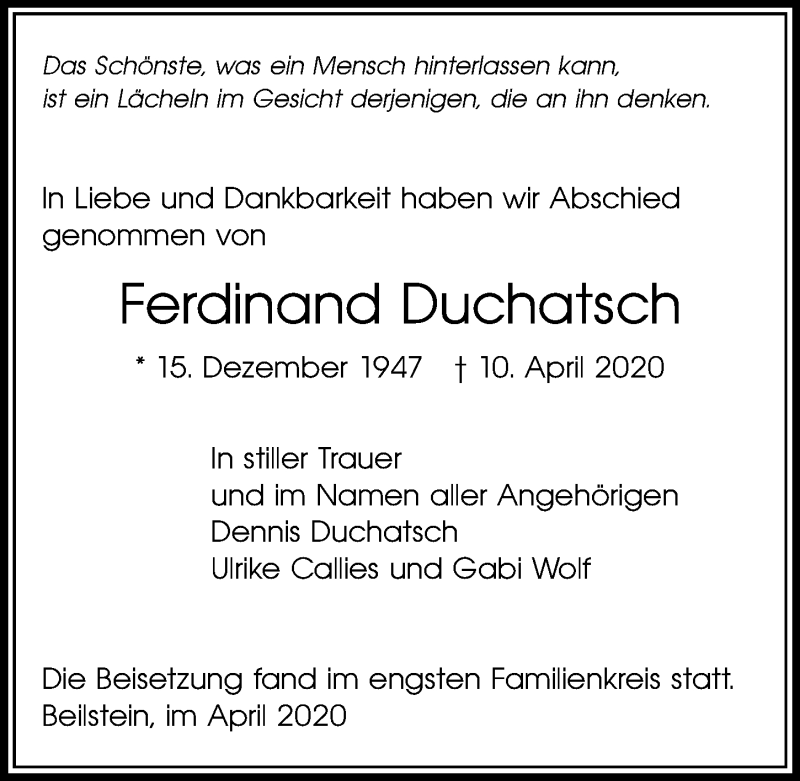  Traueranzeige für Ferdinand Duchatsch vom 24.04.2020 aus 