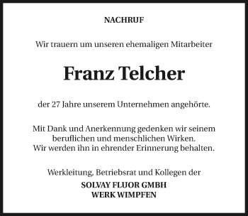 Traueranzeige von Franz Telcher 