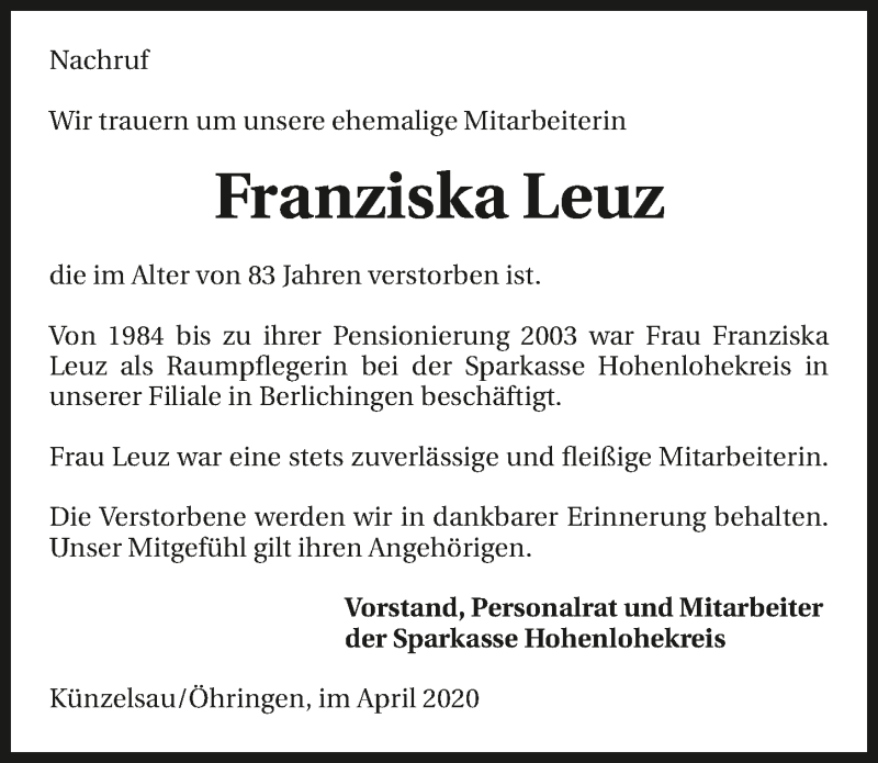  Traueranzeige für Franziska Leuz vom 25.04.2020 aus 