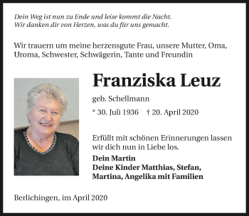 Traueranzeige von Franziska Leuz 