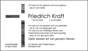 Traueranzeige von Friedrich Kraft 