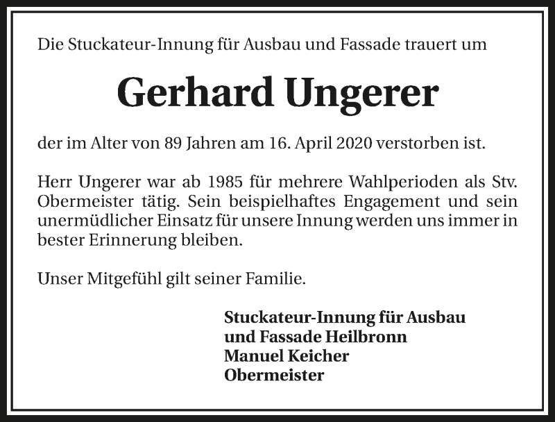  Traueranzeige für Gerhard Ungerer vom 23.04.2020 aus 