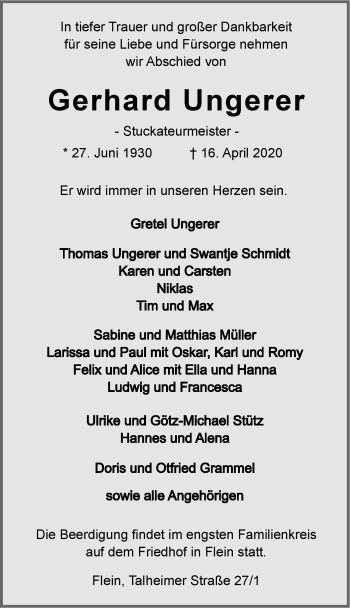 Traueranzeige von Gerhard Ungerer 