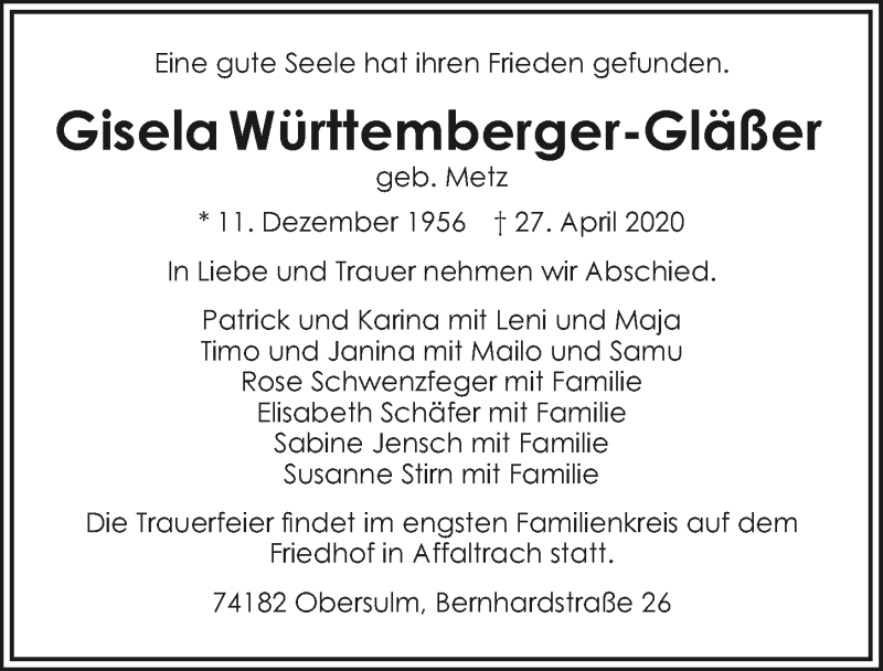  Traueranzeige für Gisela Württemberger-Gläßer vom 29.04.2020 aus 
