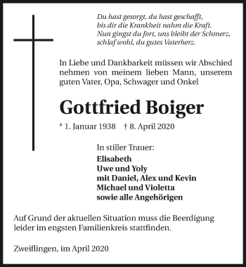 Traueranzeige von Gottfried Boiger 