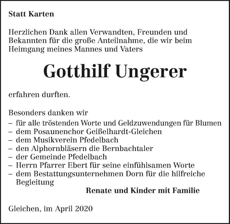  Traueranzeige für Gotthilf Ungerer vom 18.04.2020 aus 