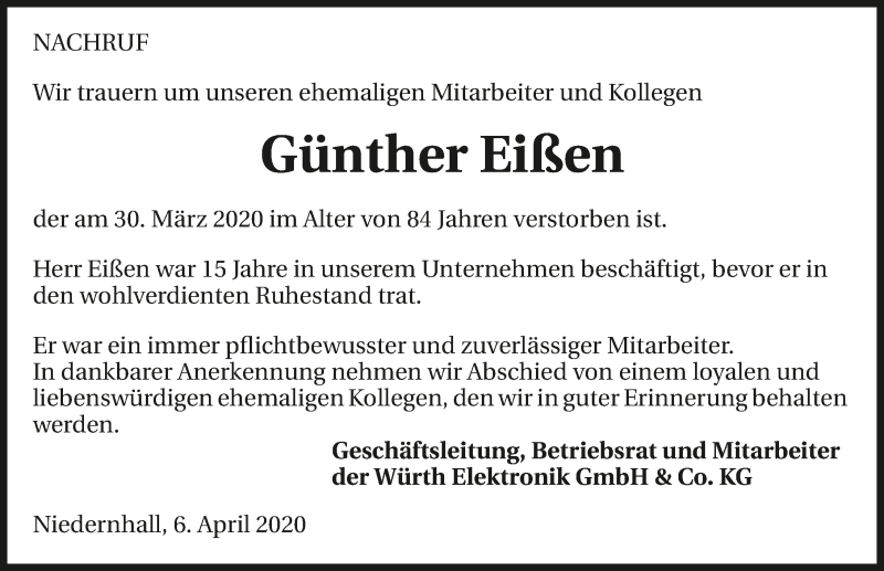  Traueranzeige für Günther Eißen vom 08.04.2020 aus 