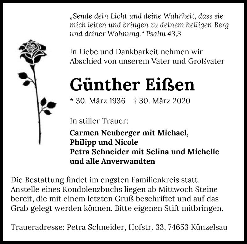 Traueranzeige für Günther Eißen vom 04.04.2020 aus 