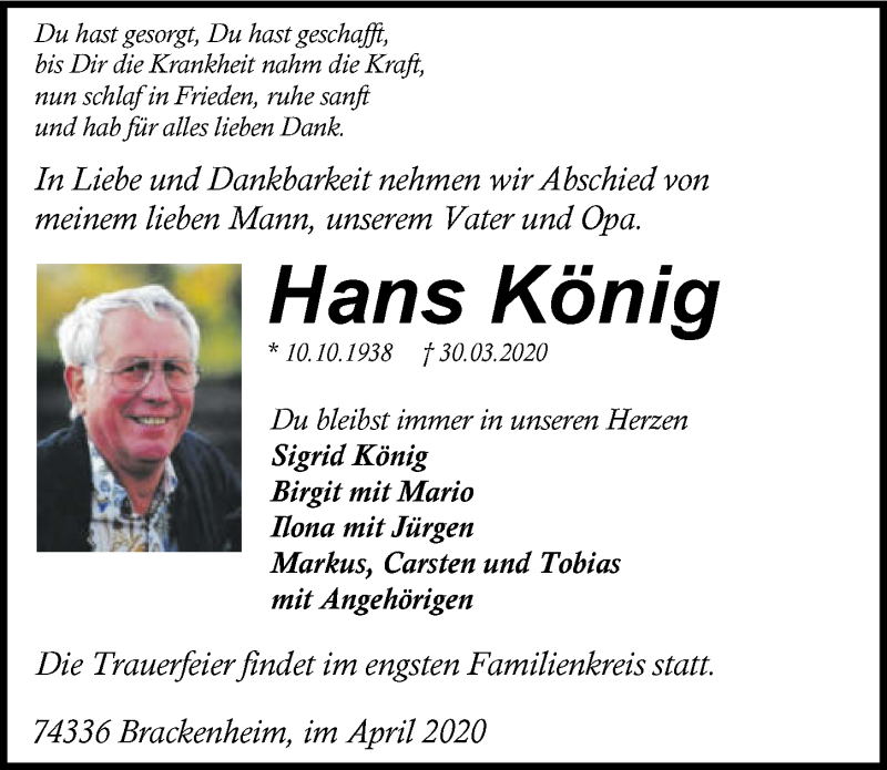  Traueranzeige für Hans König vom 02.04.2020 aus 