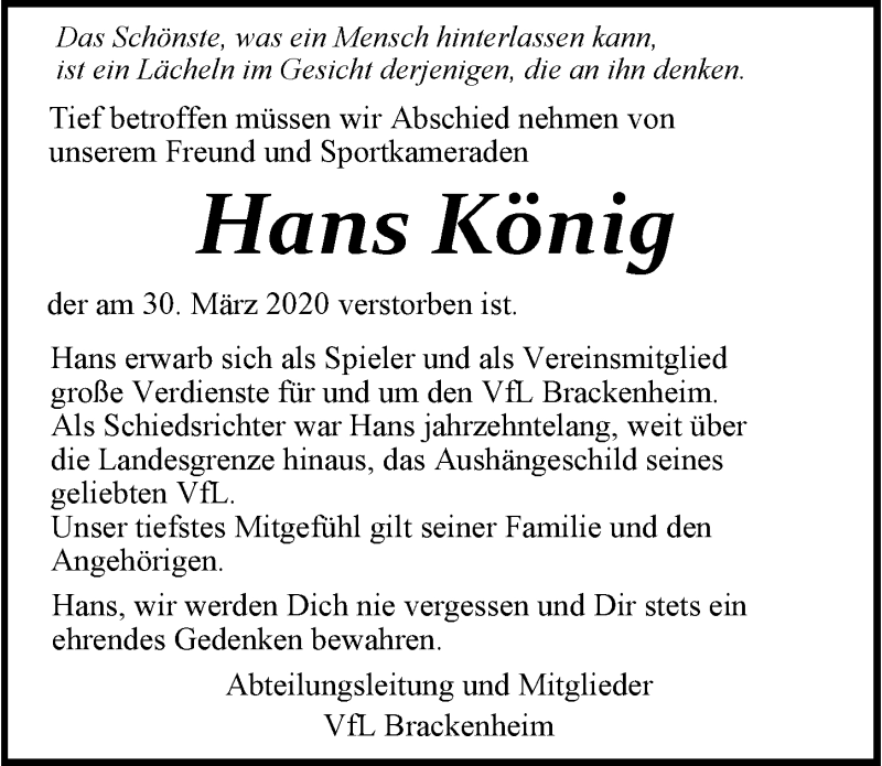  Traueranzeige für Hans König vom 03.04.2020 aus 