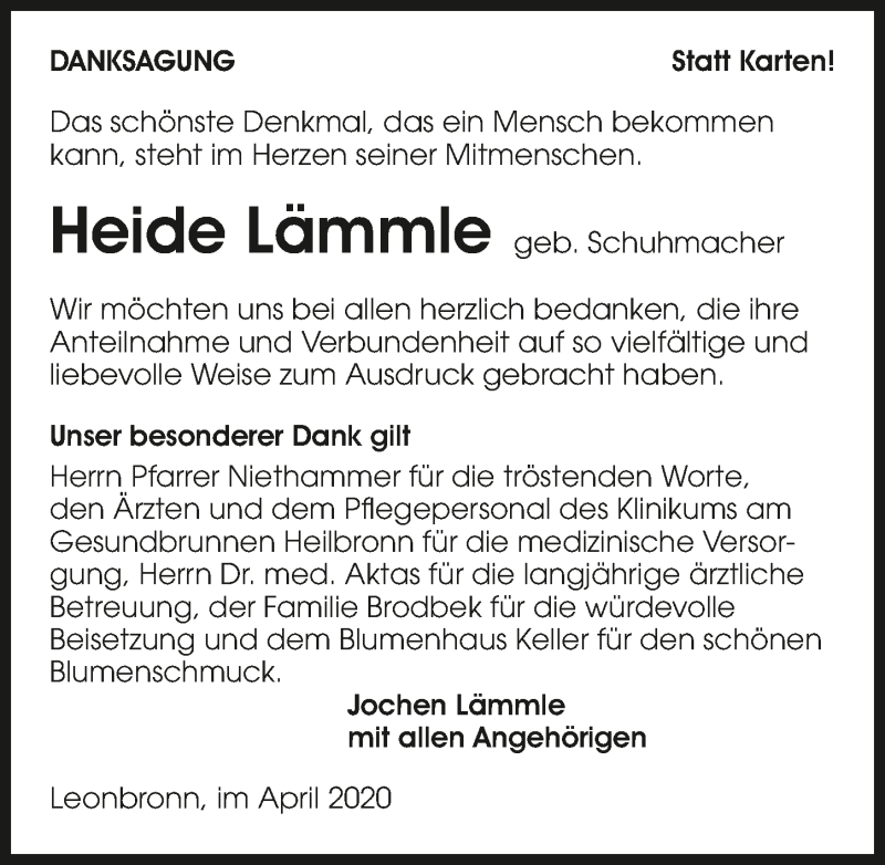  Traueranzeige für Heide Lämmle vom 11.04.2020 aus 