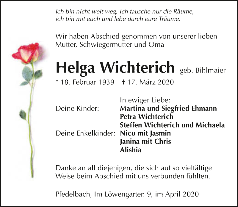 Traueranzeige für Helga Wichterich vom 03.04.2020 aus 