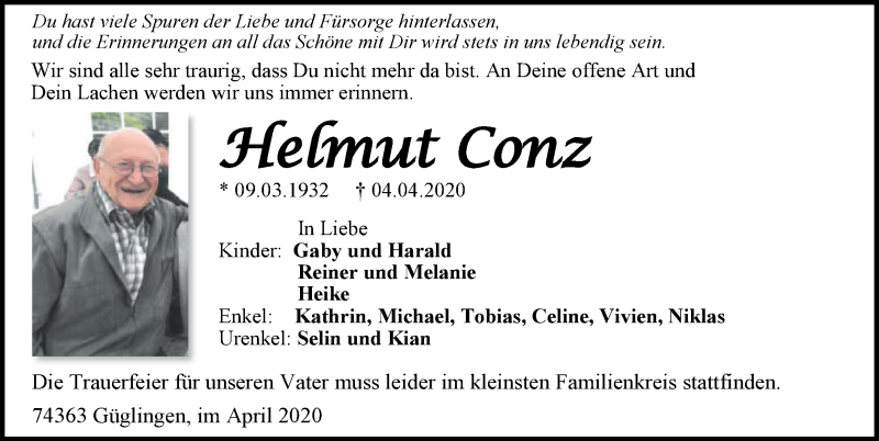  Traueranzeige für Helmut Conz vom 07.04.2020 aus 