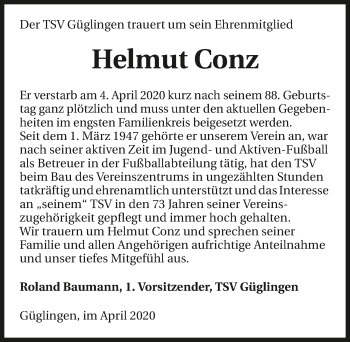 Traueranzeige von Helmut Conz 
