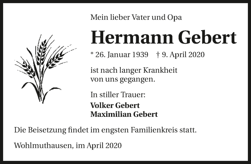  Traueranzeige für Hermann Gebert vom 21.04.2020 aus 