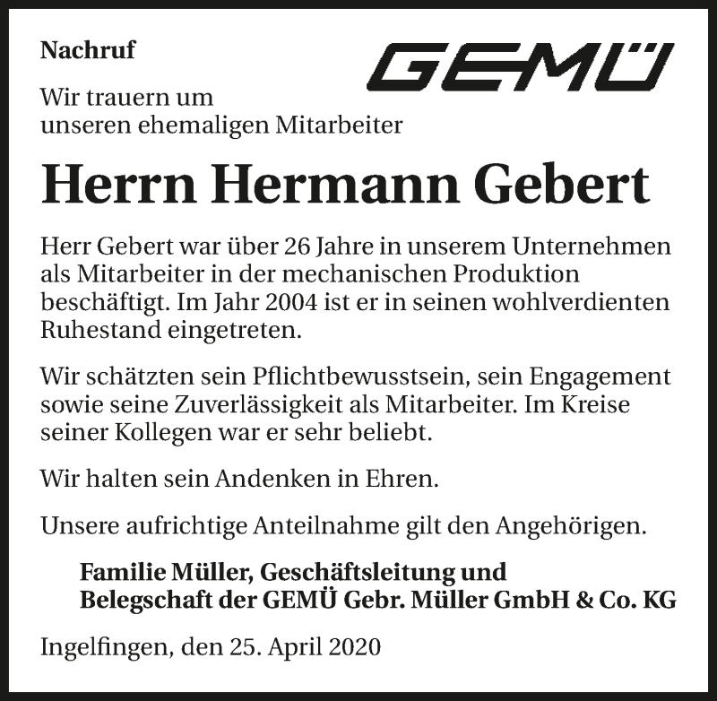  Traueranzeige für Hermann Gebert vom 25.04.2020 aus 