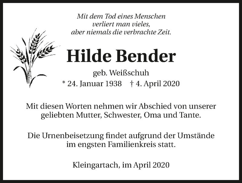 Traueranzeige für Hilde Bender vom 20.04.2020 aus 