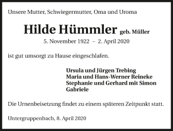 Traueranzeige von Hilde Hümmler 