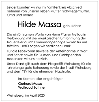Traueranzeige von Hilde Massa 