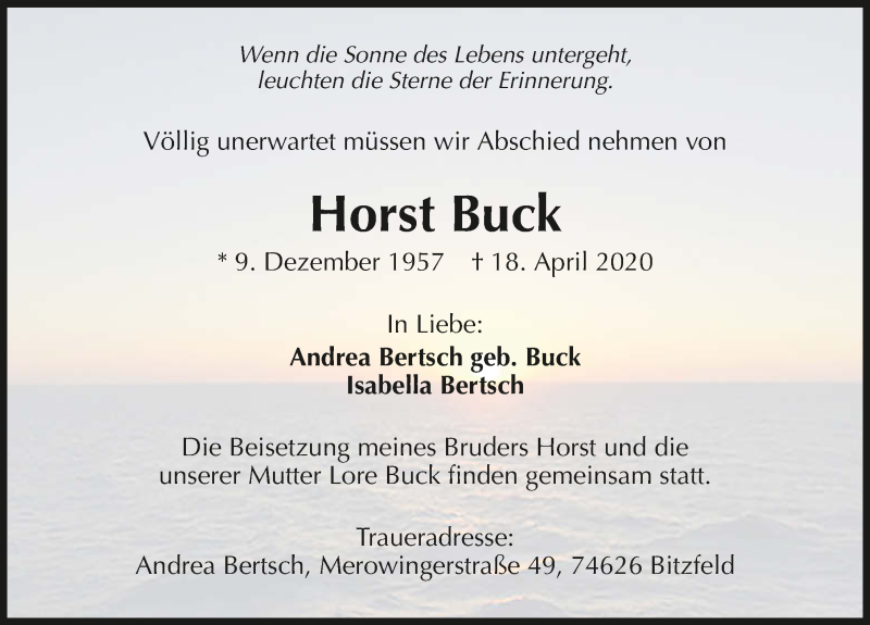  Traueranzeige für Horst Buck vom 22.04.2020 aus 