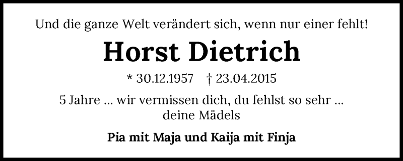  Traueranzeige für Horst Dietrich vom 25.04.2020 aus 