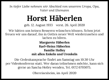 Traueranzeige von Horst Häberlen 