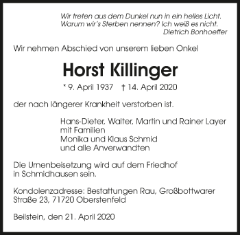 Traueranzeige von Horst Killinger 